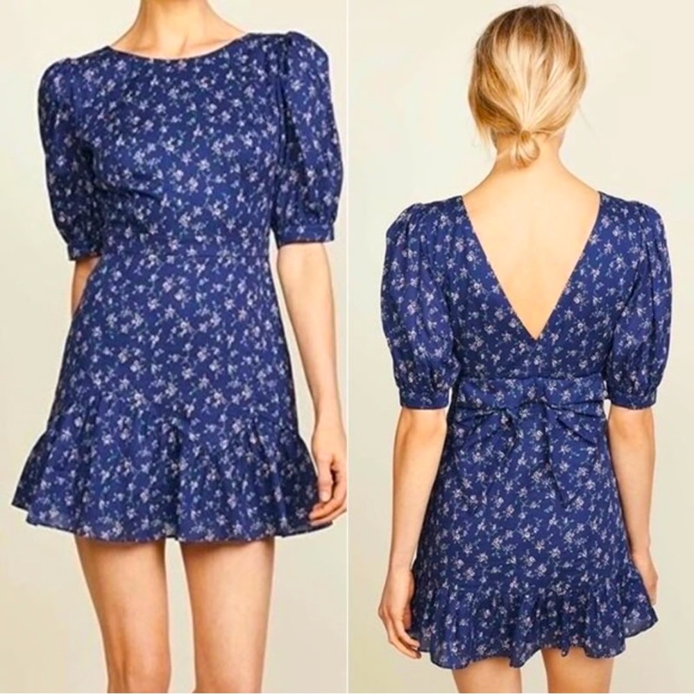 LOVE SHACK FANCY Eventide Lena Bow Ditsy Floral Print Puff Shoulder Mini Dress S